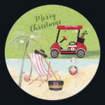 Merry Christmas Golf Cart Beach Monogram Name   Classic Round Sticker<br><div class="desc">Doesn't this tell a great story -- and a sticker for the holidays.  Merry Christmas Golf Cart Beach --Name and Monogram -- the whole scene just spells out good cheer!  Any design questions just send an email to charmdesignstudio@rcn.com and we'll be delighted to assist.</div>