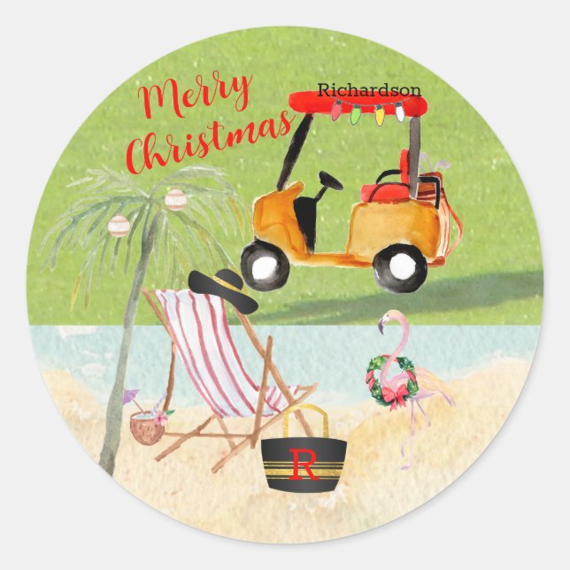 Merry Christmas Golf Cart Beach Monogram Name Classic Round Sticker (Front)