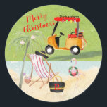 Merry Christmas Golf Cart Beach Monogram Name Classic Round Sticker<br><div class="desc">Doesn't this tell a great story -- and a sticker for the holidays.  Name and Monogram -- the whole scene just spells out good cheer!  Any design questions just send an email to charmdesignstudio@rcn.com and we'll be delighted to assist.</div>