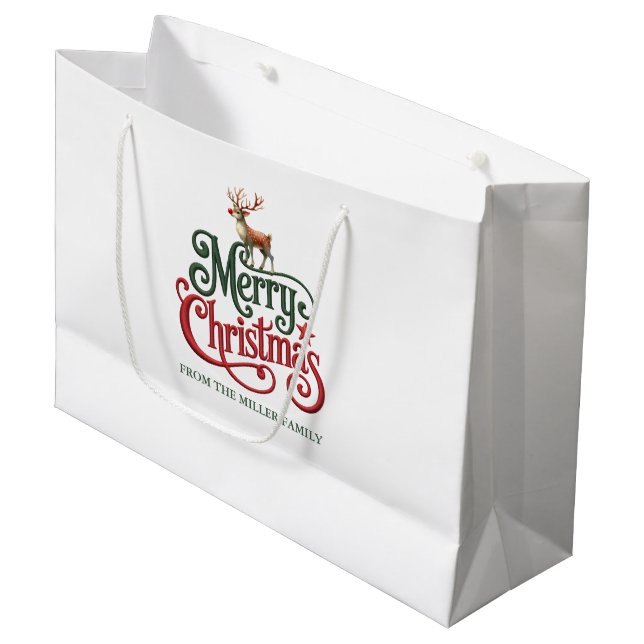 Merry Christmas Gothic Typography With Rain Deer  Large Gift Bag (Front Angled)