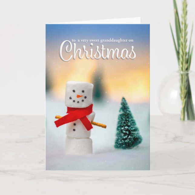 Merry Christmas Granddaughter Marshmallow Snowman Holiday Card (Front)