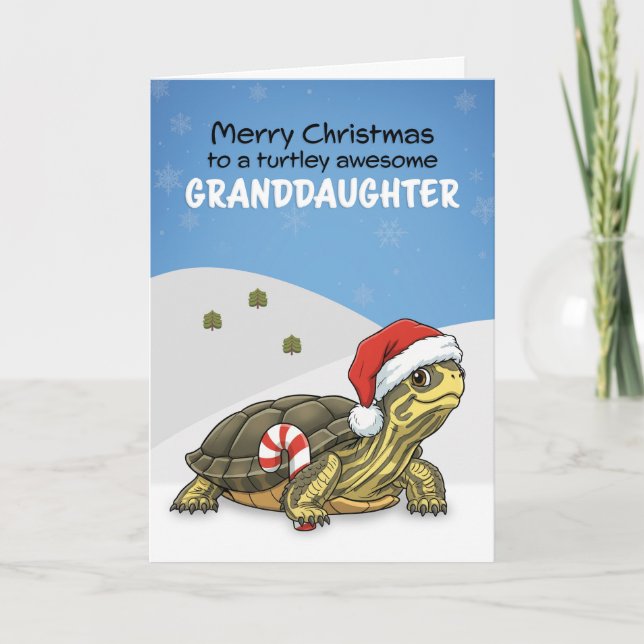 Merry Christmas Granddaughter Turtle in Santa Hat Holiday Card (Front)