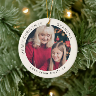 Merry Christmas Grandma Custom Photo Cream Ceramic Tree Decoration