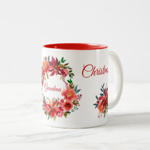Merry Christmas Grandma Floral Poinsettia Wreath T Two-Tone Coffee Mug