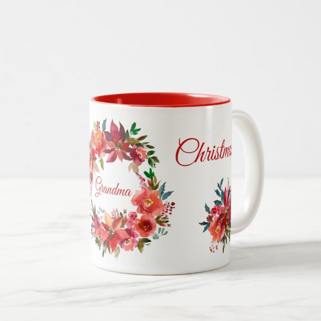 Merry Christmas Grandma Floral Poinsettia Wreath  Two-Tone Coffee Mug (Front Right)