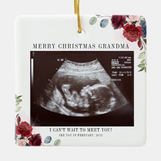 Merry Christmas  Grandma Floral Ultrasound Photo Ceramic Ornament (Front)