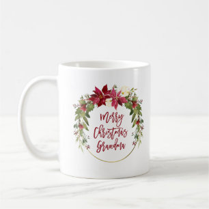 Merry Christmas Grandma   Floral Wreath with Gold Coffee Mug