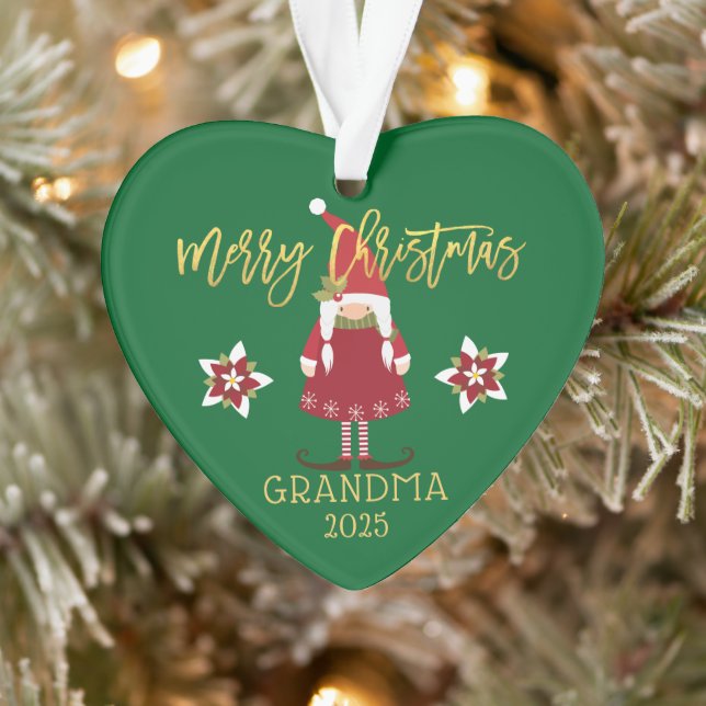 Merry Christmas Grandma Gnome Girl Holiday Photo Ornament (Tree)