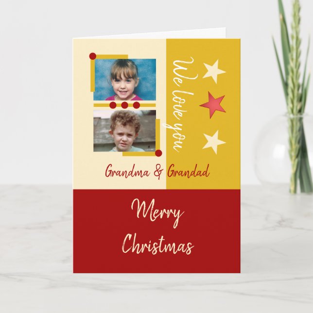 Merry Christmas grandma grandad red gold photos Holiday Card (Front)