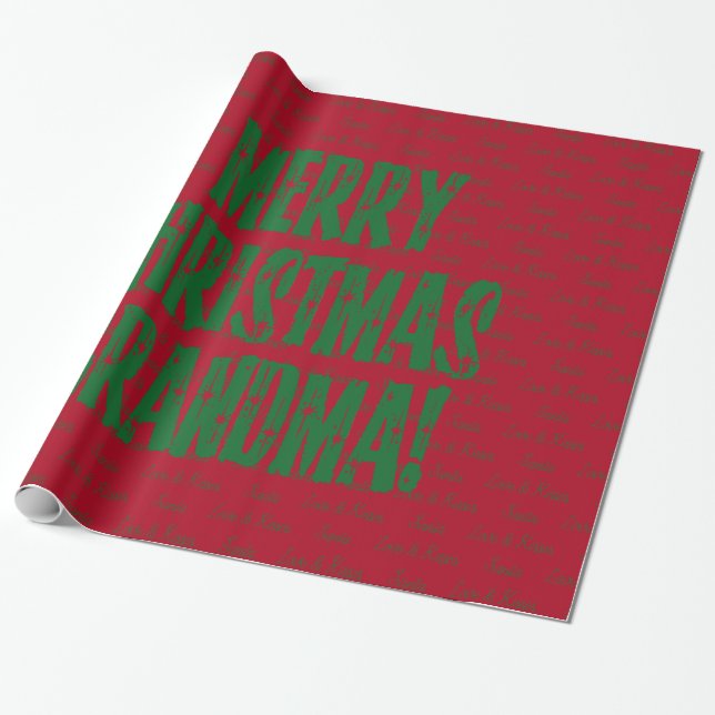 Merry Christmas Grandma Green Stars Typography Red Wrapping Paper (Unrolled)