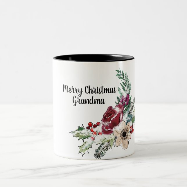 Merry Christmas Grandma Holly Berry Floral Two-Tone Coffee Mug (Center)