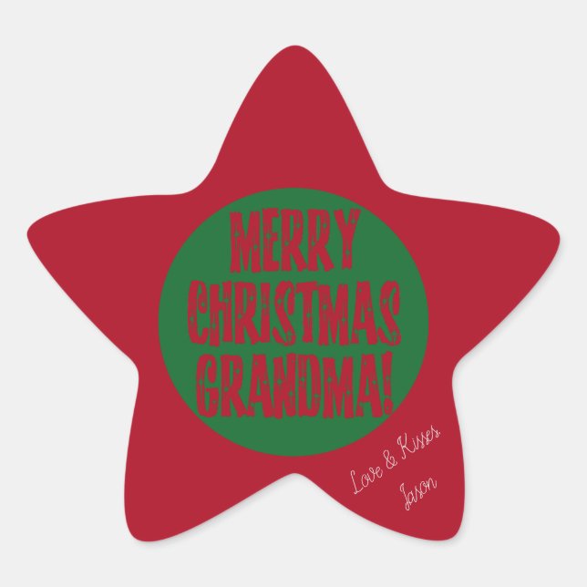 Merry Christmas Grandma Red Green Stars Typography Star Sticker (Front)