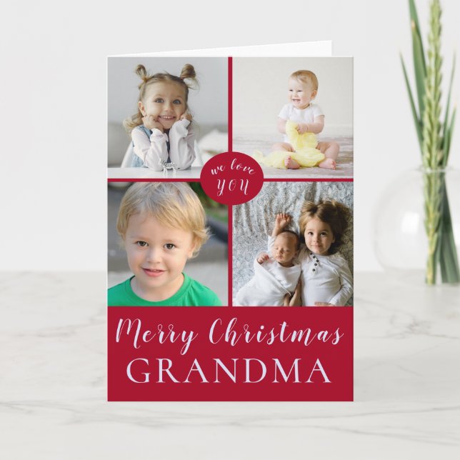 Merry Christmas Grandma|Red Silver|Photo Collage Holiday Card (Front)