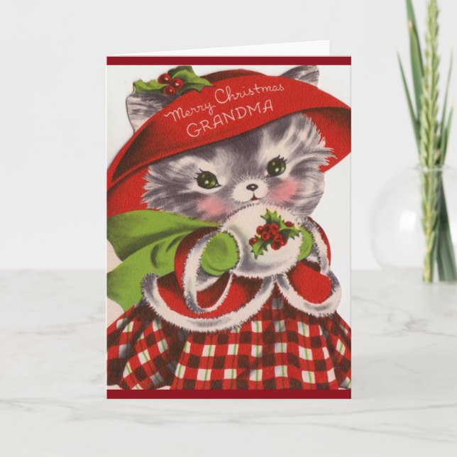 Merry Christmas Grandma Vintage Kitty Holiday Card (Front)
