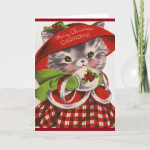 Merry Christmas Grandma Vintage Kitty Holiday Card