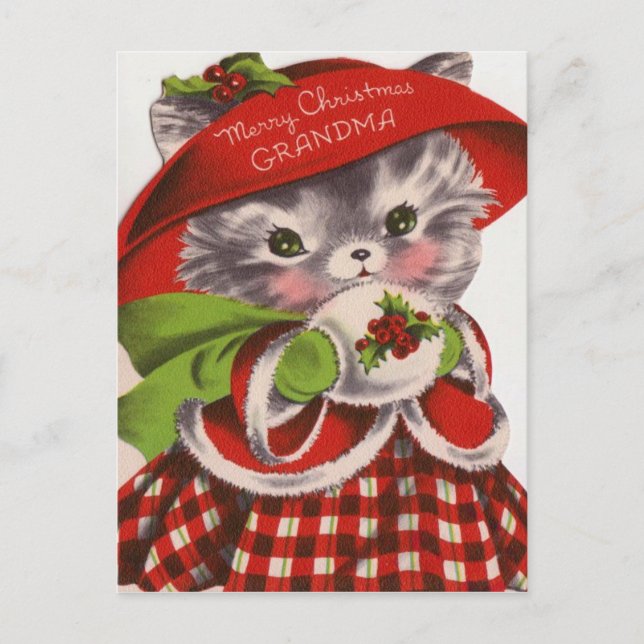 Merry Christmas Grandma Vintage Kitty Holiday Postcard (Front)