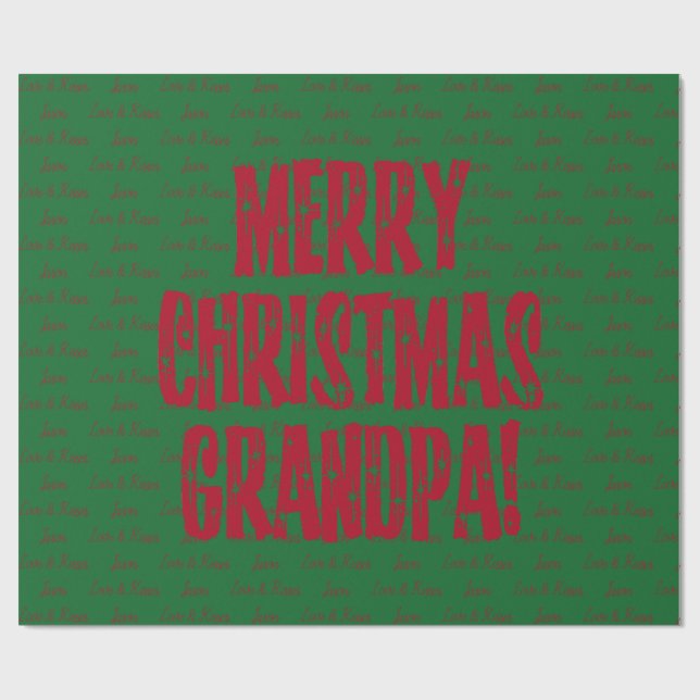 Merry Christmas Grandpa Red Stars Typography Green Wrapping Paper (Flat)