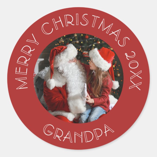 Merry Christmas Grandpa | Santa Red Photo Classic Round Sticker (Front)
