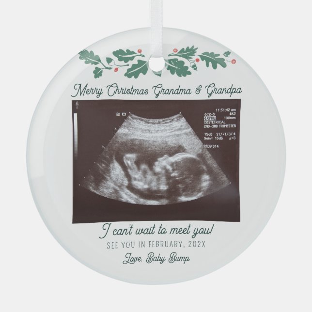 Merry Christmas Grandparent Pregnancy Announcement Glass Tree Decoration (Front)