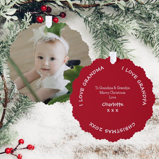Merry Christmas Grandparents Name And Baby Photo Tree Decoration Card (Front And Back)