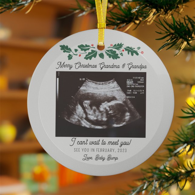 Merry Christmas Grandparents Pregnancy Ultrasound Glass Tree Decoration (Grandparents Christmas Glass Ornament with Baby Scan)