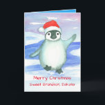 Merry Christmas Grandson Baby Penguin Custom Holiday Card<br><div class="desc">A Merry Christmas greeting card for a child featuring a sweet baby penguin in a bright red Santa cap dancing on the icy snow illustrated with watercolor.</div>