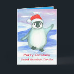 Merry Christmas Grandson Baby Penguin Custom Holiday Card<br><div class="desc">A Merry Christmas greeting card for a child featuring a sweet baby penguin in a bright red Santa cap dancing on the icy snow illustrated with watercolor.</div>
