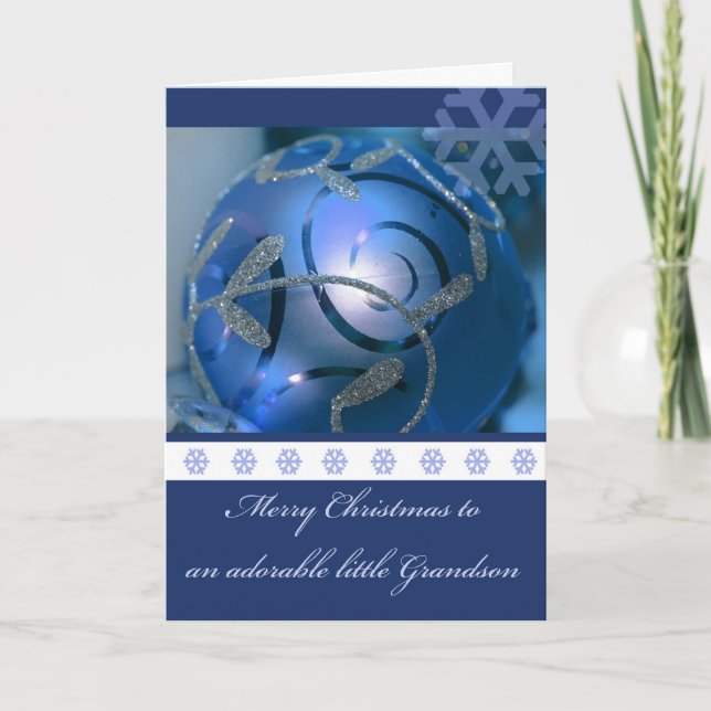 Merry Christmas Grandson Blue Ornament Holiday Card (Front)