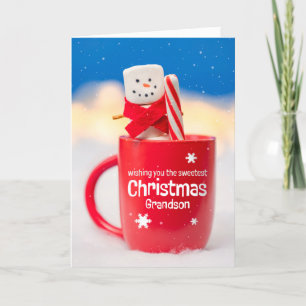 Merry Christmas Grandson Cute Marshmallow Snowman Holiday Card