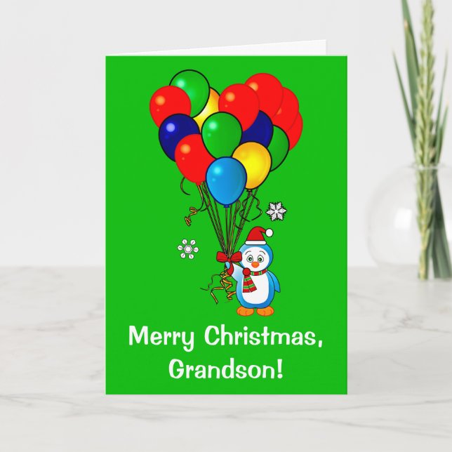 Merry Christmas Grandson Penguin with Balloons Holiday Card (Front)