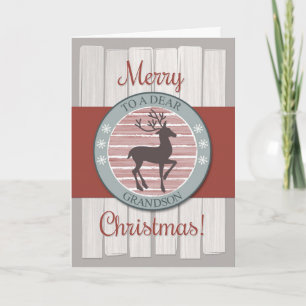 Merry Christmas Grandson, Rustic Fence & Reindeer Holiday Card