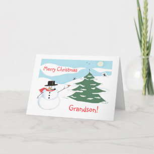 Merry Christmas Grandson!-Snowman and Sledding Holiday Card