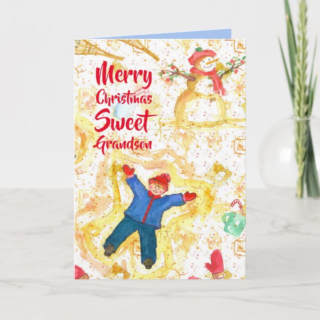 Merry Christmas Grandson Snowman Angels Winter Card (Front)