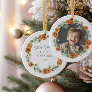 Merry Christmas Great Grandma Citrus Wreath Photo Ceramic Tree Decoration