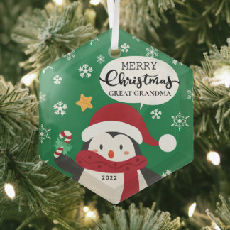 Merry Christmas Great Grandma Penguin Glass Tree Decoration