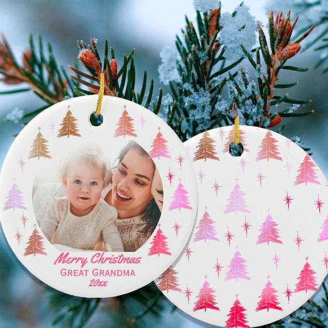 Merry Christmas Great Grandma Pink Gold Photo Ceramic Tree Decoration (Creator Uploaded)