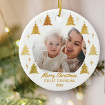 Merry Christmas Great Grandma - White Gold Photo Ceramic Tree Decoration<br><div class="desc">Personalise this elegant Christmas ornament as a gift for Great Grandma (or whoever you wish) as a keepsake for a new baby or just to share a lovely photo. The template is set up for you to add your favourite photo, your greeting, a name and the year. Your photo is...</div>