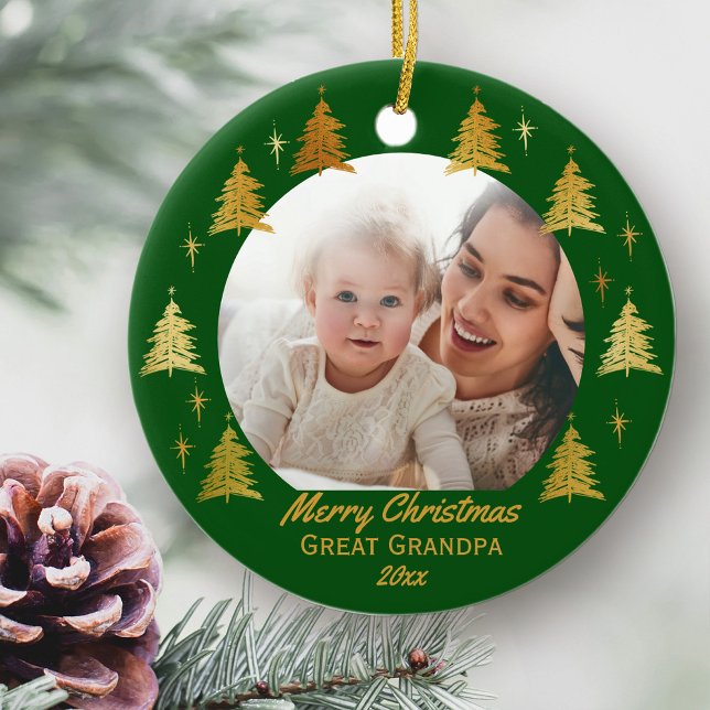 Merry Christmas Great Grandpa Green and Gold Photo Ceramic Tree Decoration (Christmas photo ornament for Great Grandpa)