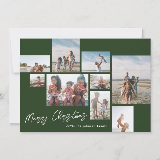 MERRY CHRISTMAS Green | 9 Photo Collage | Modern Holiday Card (Front)