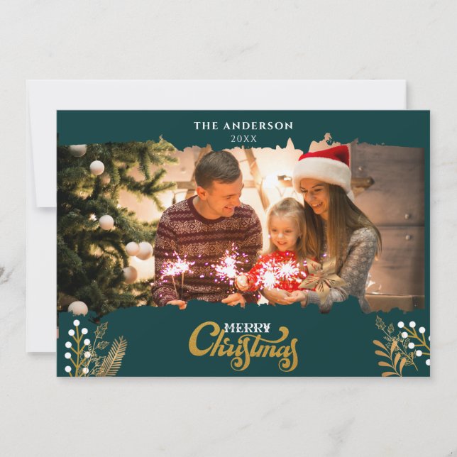 Merry Christmas Green and Gold arch Photo Holiday Invitation (Front)