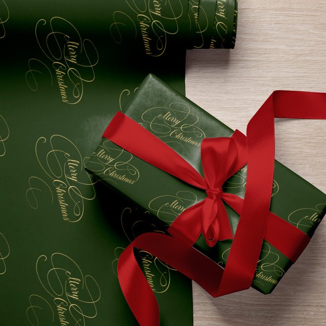 Merry Christmas green and gold elegant script Wrapping Paper (Creator Uploaded)