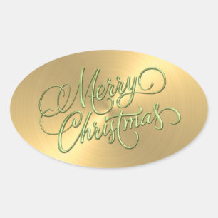 Merry Christmas Green and Gold Embossed Look Oval Sticker