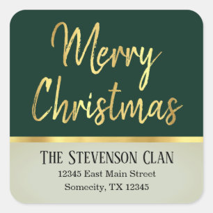 Merry Christmas   Green and Gold Modern   Address Square Sticker