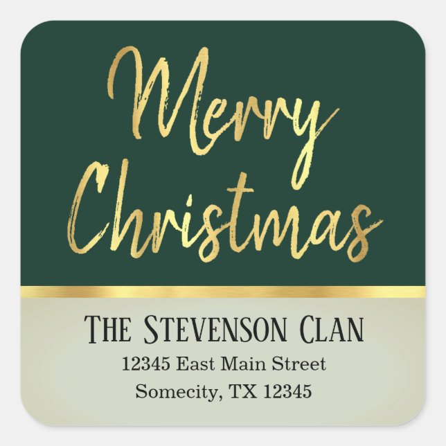 Merry Christmas | Green and Gold Modern | Address Square Sticker (Front)