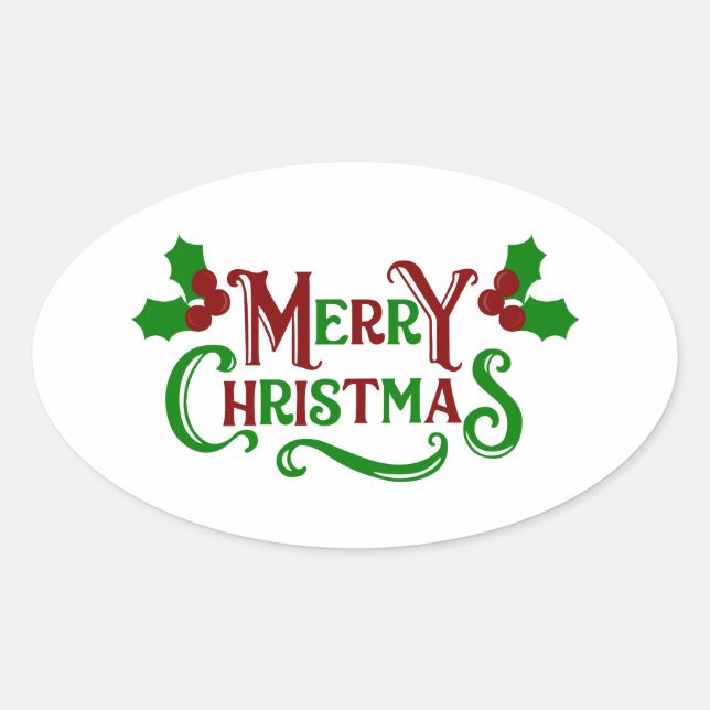 Merry Christmas Green and Red Holly Graphic Oval Sticker (Front)