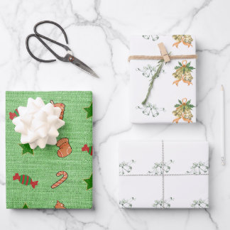 Merry Christmas Green Bells Cute Candy Socks Stars Wrapping Paper Sheet