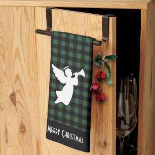 Merry Christmas Green & Black Buffalo Plaid Angel Tea Towel