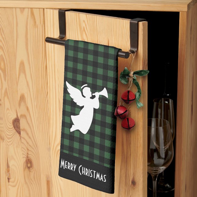 Merry Christmas Green & Black Buffalo Plaid Angel Tea Towel (Creator Uploaded)