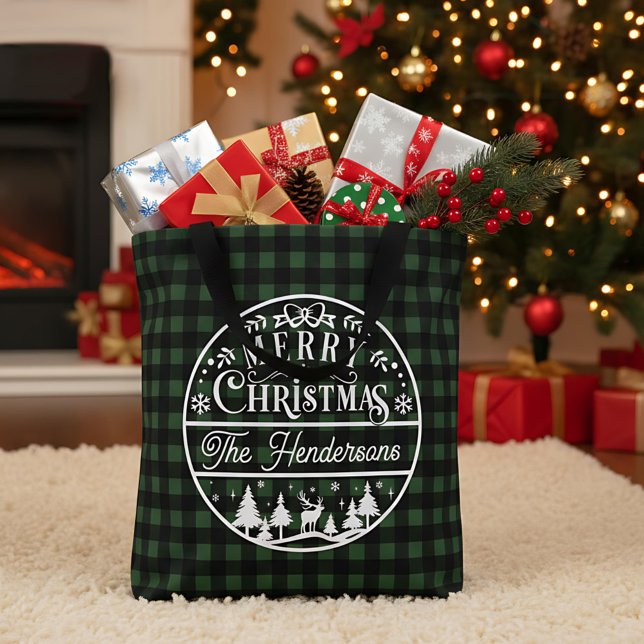 Merry Christmas Green & Black Buffalo Plaid Custom Tote Bag (Creator Uploaded)