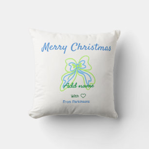 Merry christmas green blue bow add family name tex cushion